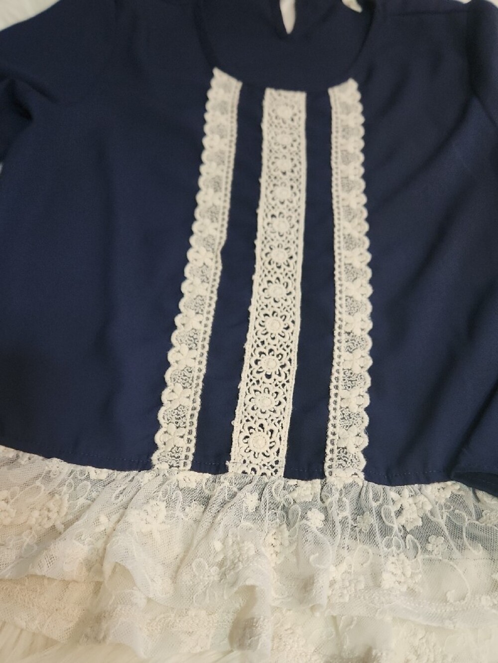 Navy Lace-Trim Long Sleeve Top - Girls Size 10 - Brand: Monteau - Picture 2 of 4